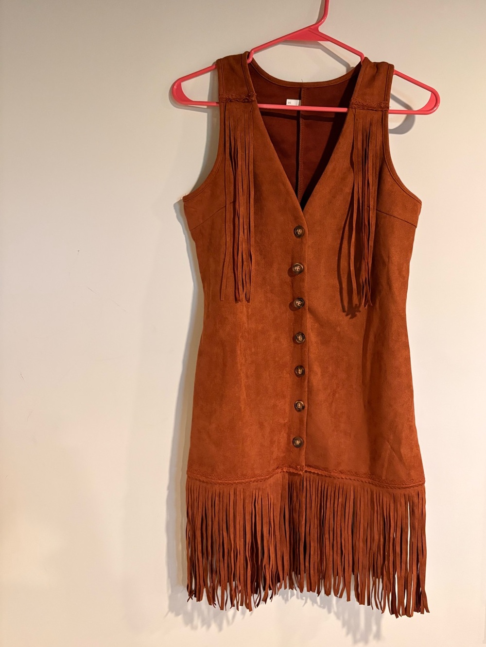 Fringe Suede Button-Front Dress in Rust